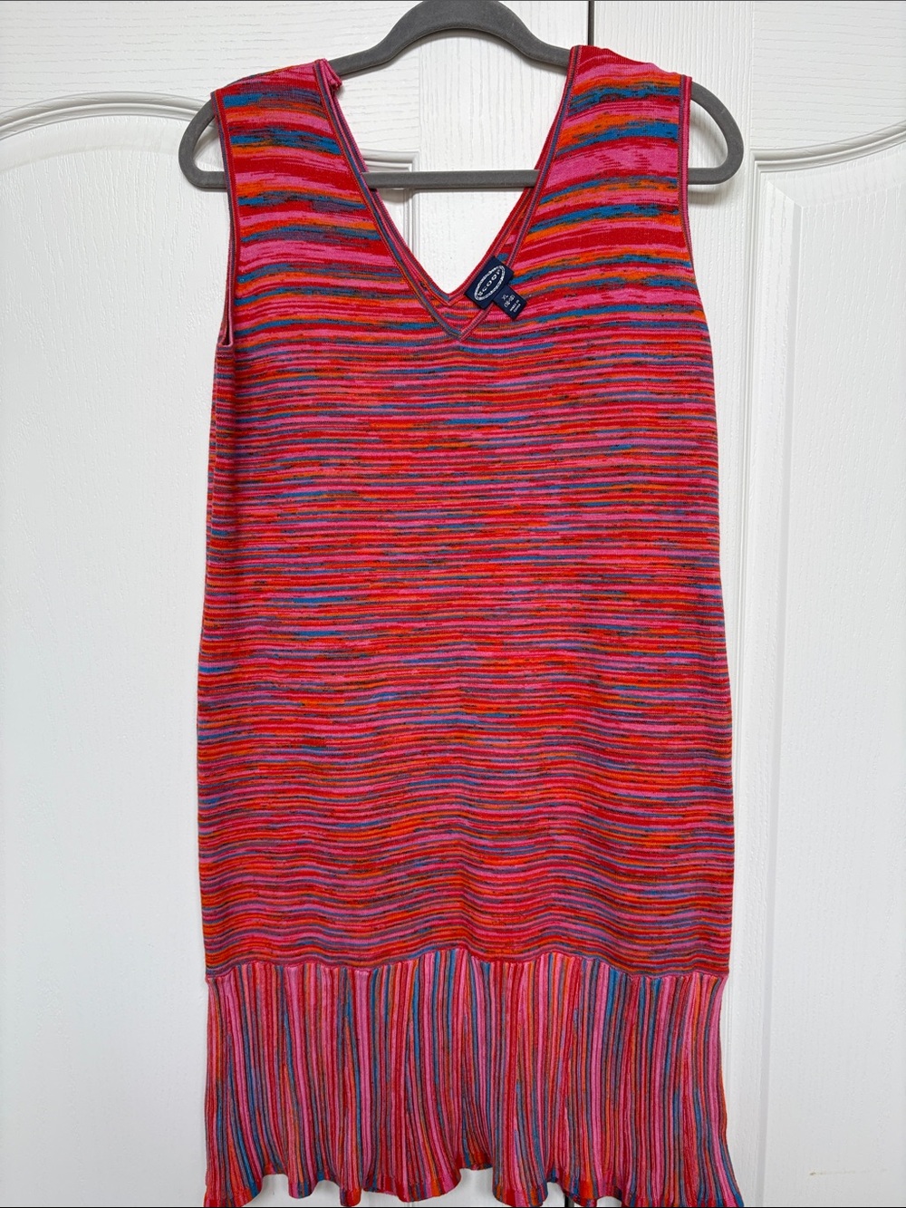 Sleeveless V-Neck Multicolor Stripe Knit Dress - Pink & Red